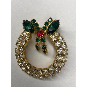 Christmas Rhinestone Bow Wreath Pin